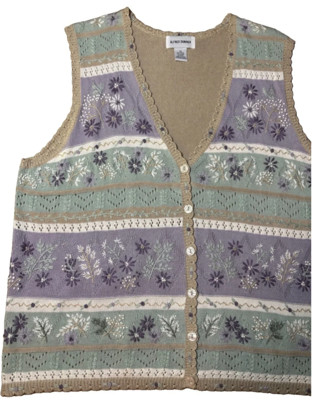 Alfred Dunner 2X Ramie Rayon Floral Embroidered Button Knit Vest Cottagecore